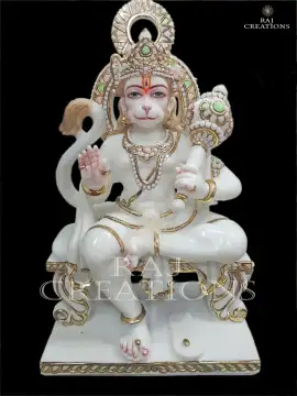 White Marble Statue of Lord Hanuman Seated on Throne in Blessing Posture