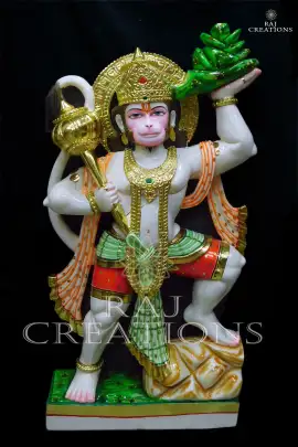 Traditional Green Dhoti Attire Marble Hanuman Murti for Home and Temple