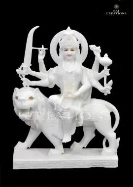 Marble Statue of Mata Durga Seated with Weapons
