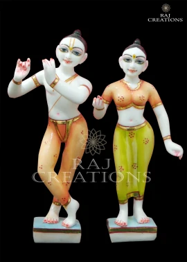 ISKCON Radha Krishna Marble Idol with Colorful Clothing Details