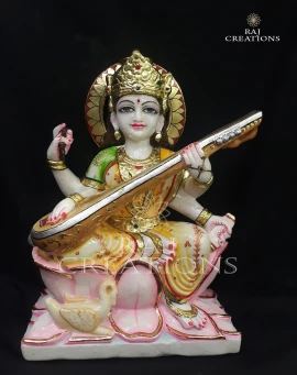 Handcrafted White Marble Saraswati Statue for Office