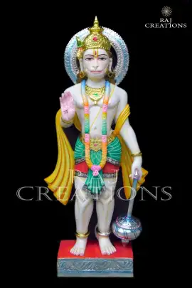 Marble Statue of Hanuman Standing with Mace in Blessing Posture for Temple