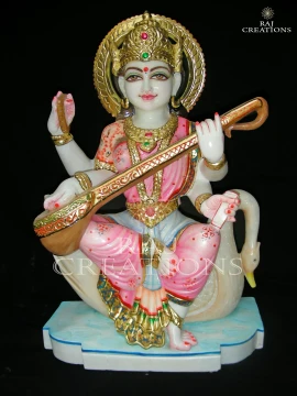 Maa Saraswati Marble Murti Sitting on Swan