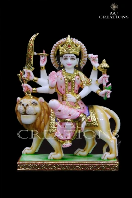 3 Feet Painted White Marble Durga Statue