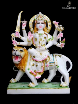 Goddess Durga Marble Statue with Roaring Lion