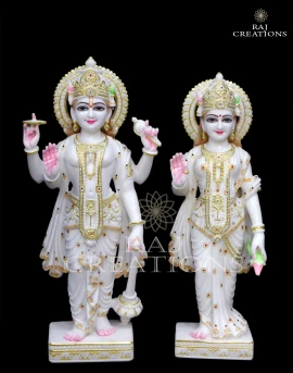 Handcrafted Vishnu Lakshmi Marble Murti with Decorative Detailing