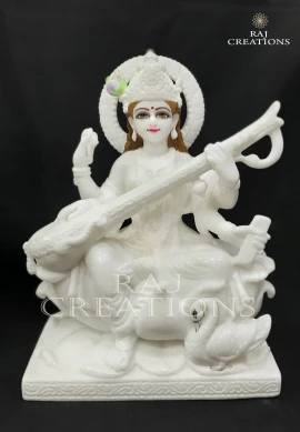 Traditional Pure White Marble Saraswati Statue