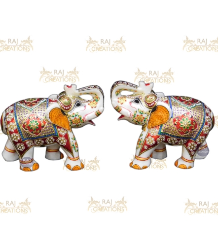 Pair Of Marble Elephant With Paint