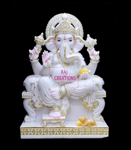 Marble Ganesh Ji Statue With Golden Decor