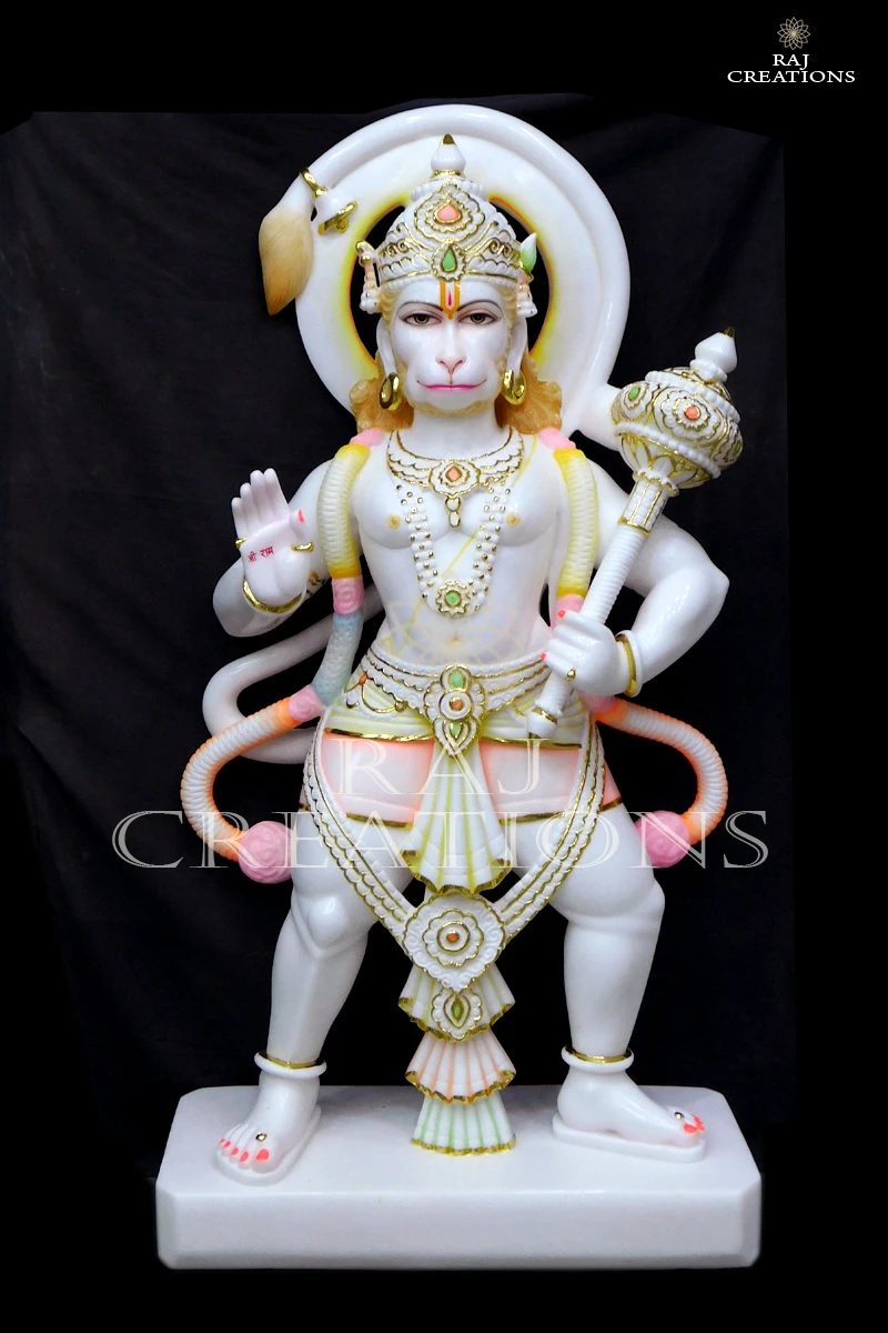 Marble Hanuman Ji Murti with Gada for Temple in Blessing Posture