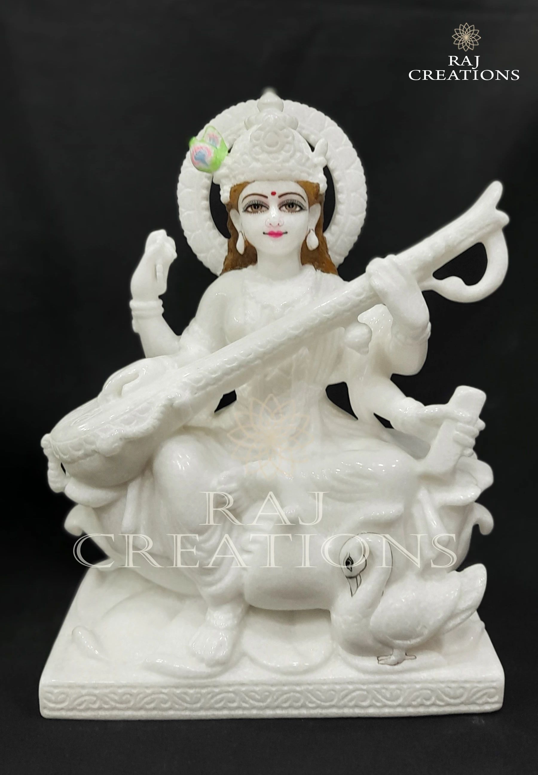 Traditional Pure White Marble Saraswati Statue