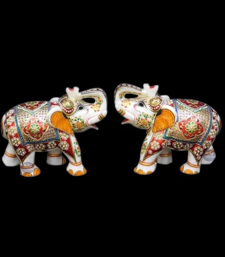 Pair Of Marble Elephant With Paint