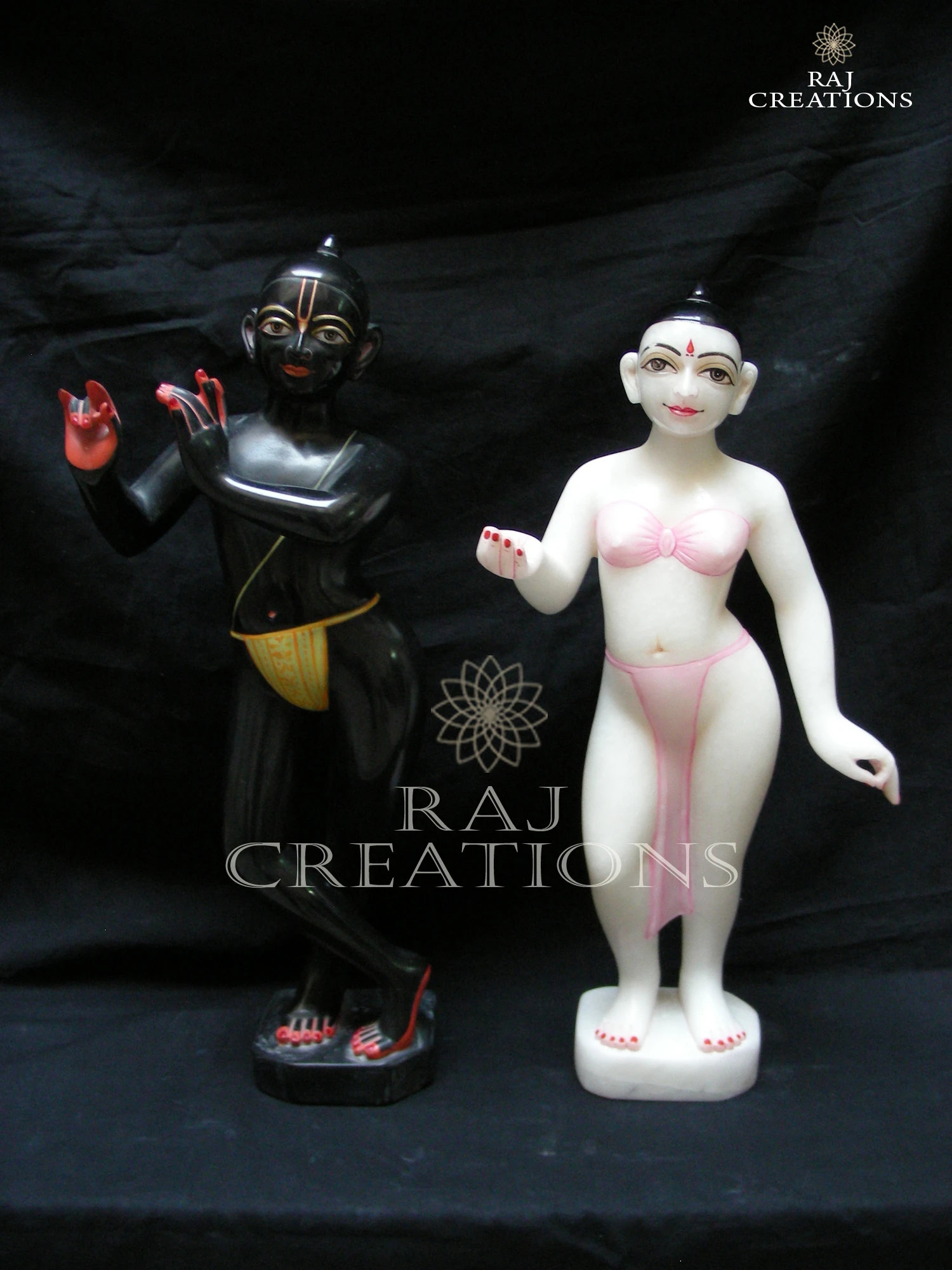 Hand Painted ISKCON Radha Krishna Idol in Black and White Marble