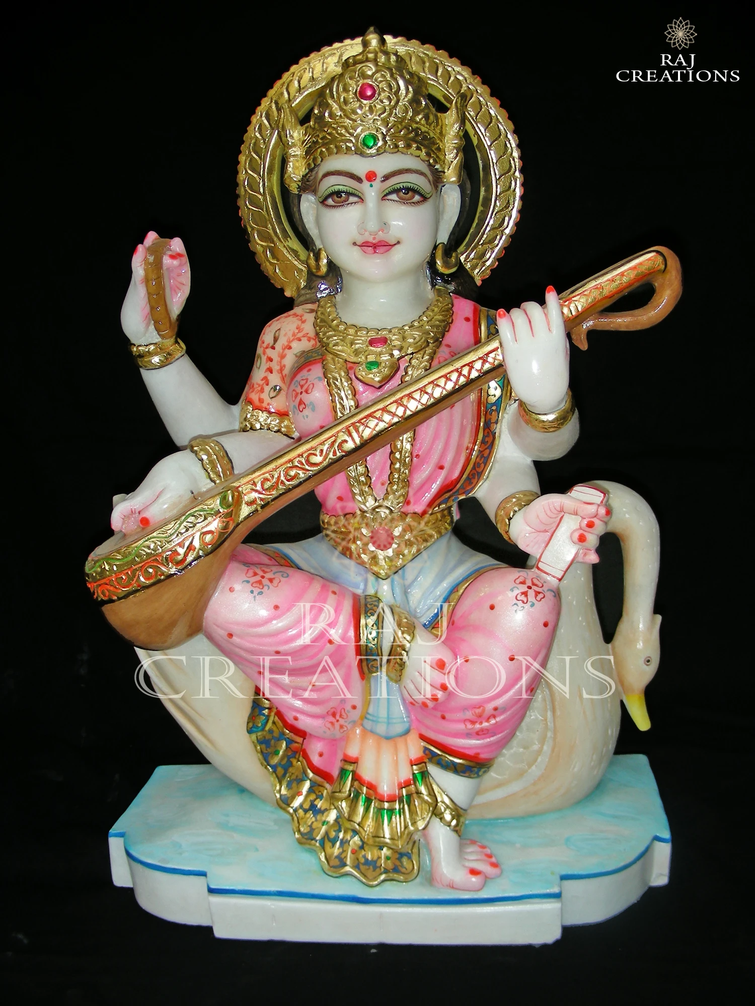 Maa Saraswati Marble Murti Sitting on Swan