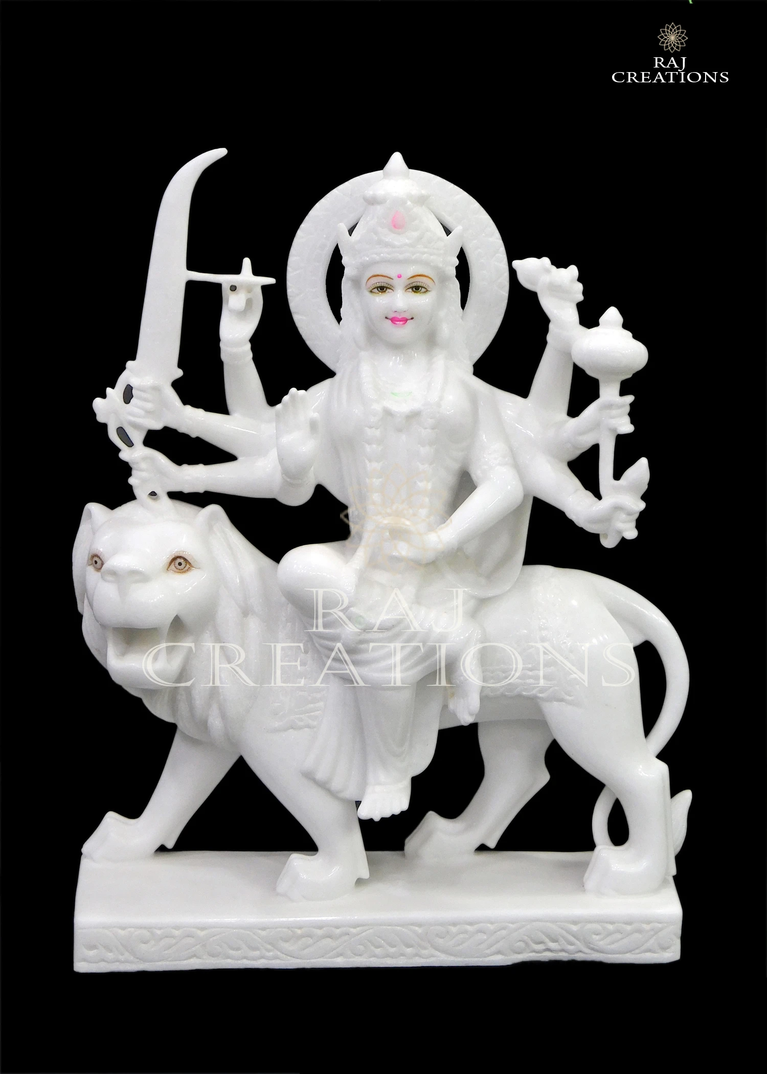 Marble Statue of Mata Durga Seated with Weapons